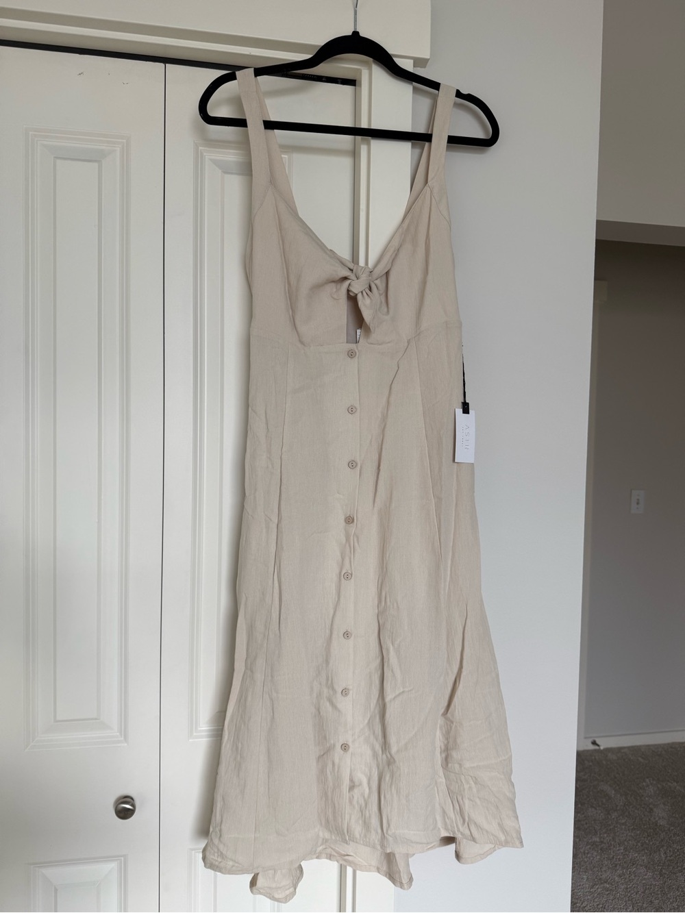 Astr Neutral Tie-Front Button Midi Dress in Cream